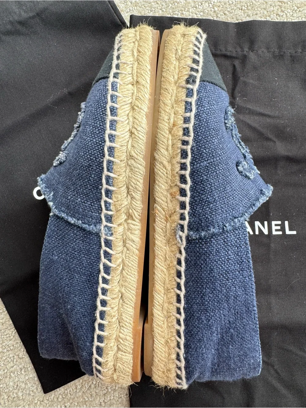 Chanel Navy Espadrille Flats with Black Cap Toe size 36